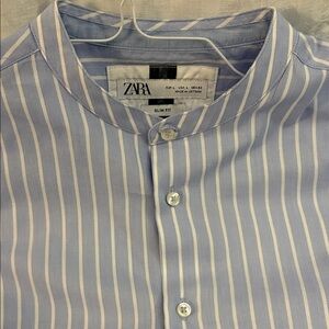 ZARA Light Blue and White Striped Band-Collar Shirt L Slim Fit long sleeve. Ex.